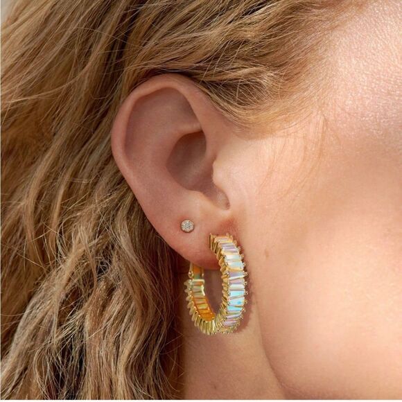 14K Yellow Gold with Iridescent AB Cubic Zirconia Drop Hoop Leverback Earrings - Picture 4 of 7